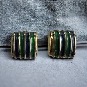Green Blue Enamel Striped Square Clp on Stud Earrings Gold Vintage